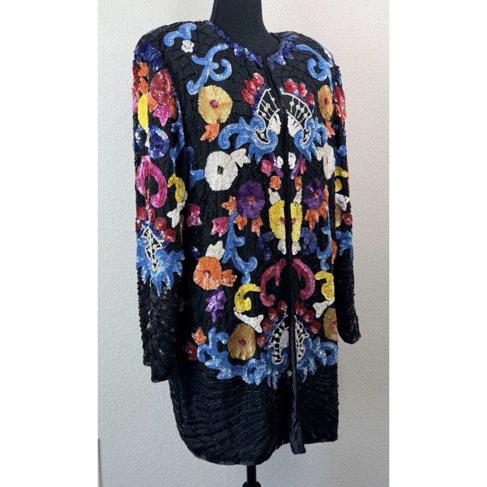 Vintage Tan-Chho 100% Silk Beaded Sequin Jacket XL Floral Art to Wear Statement